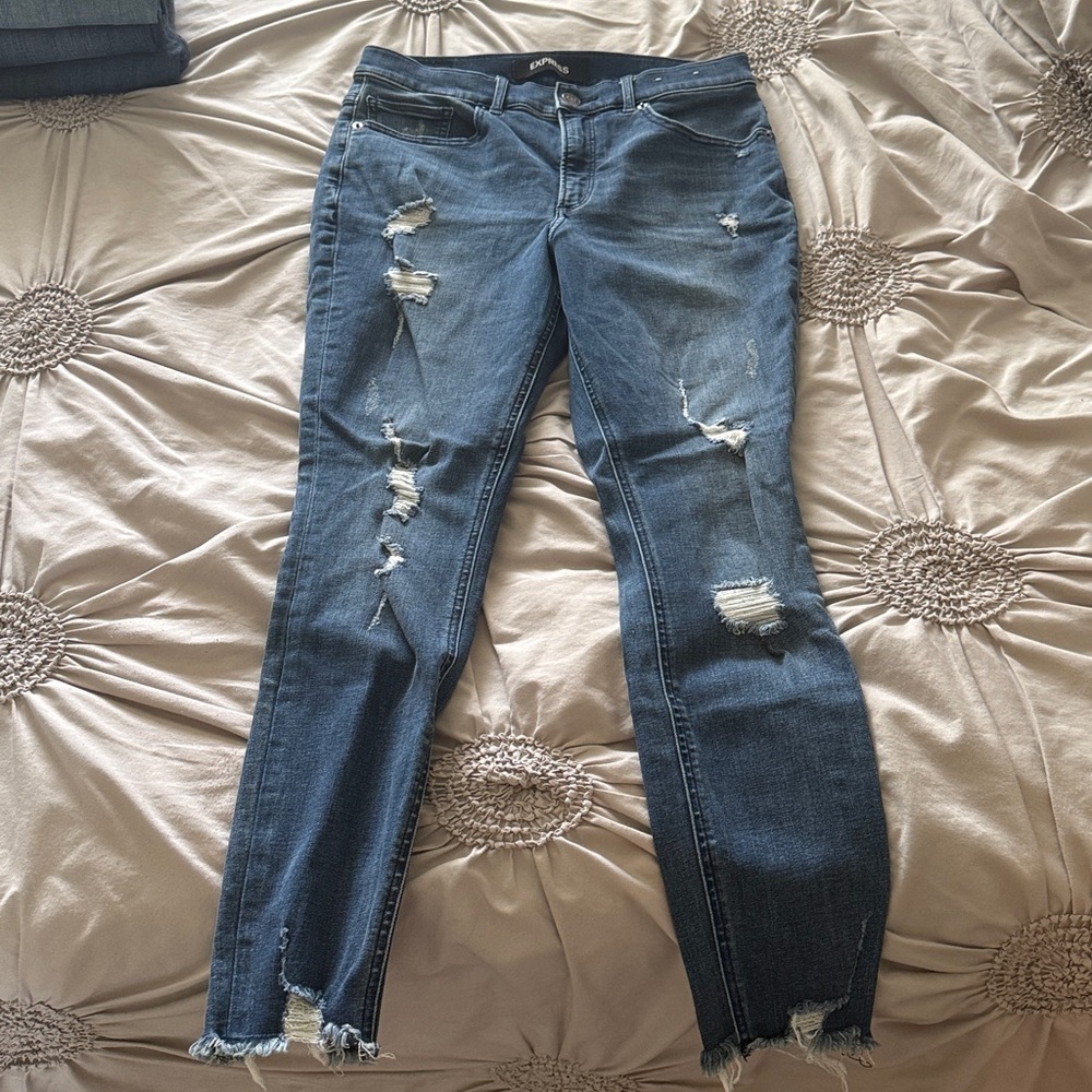 Express high waisted denim perfect curves ripped ankle leggings